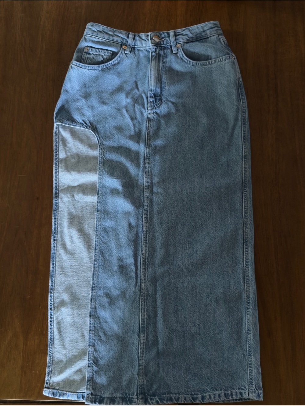 Francesca’s Light Wash Denim Midi Skirt with High Slit